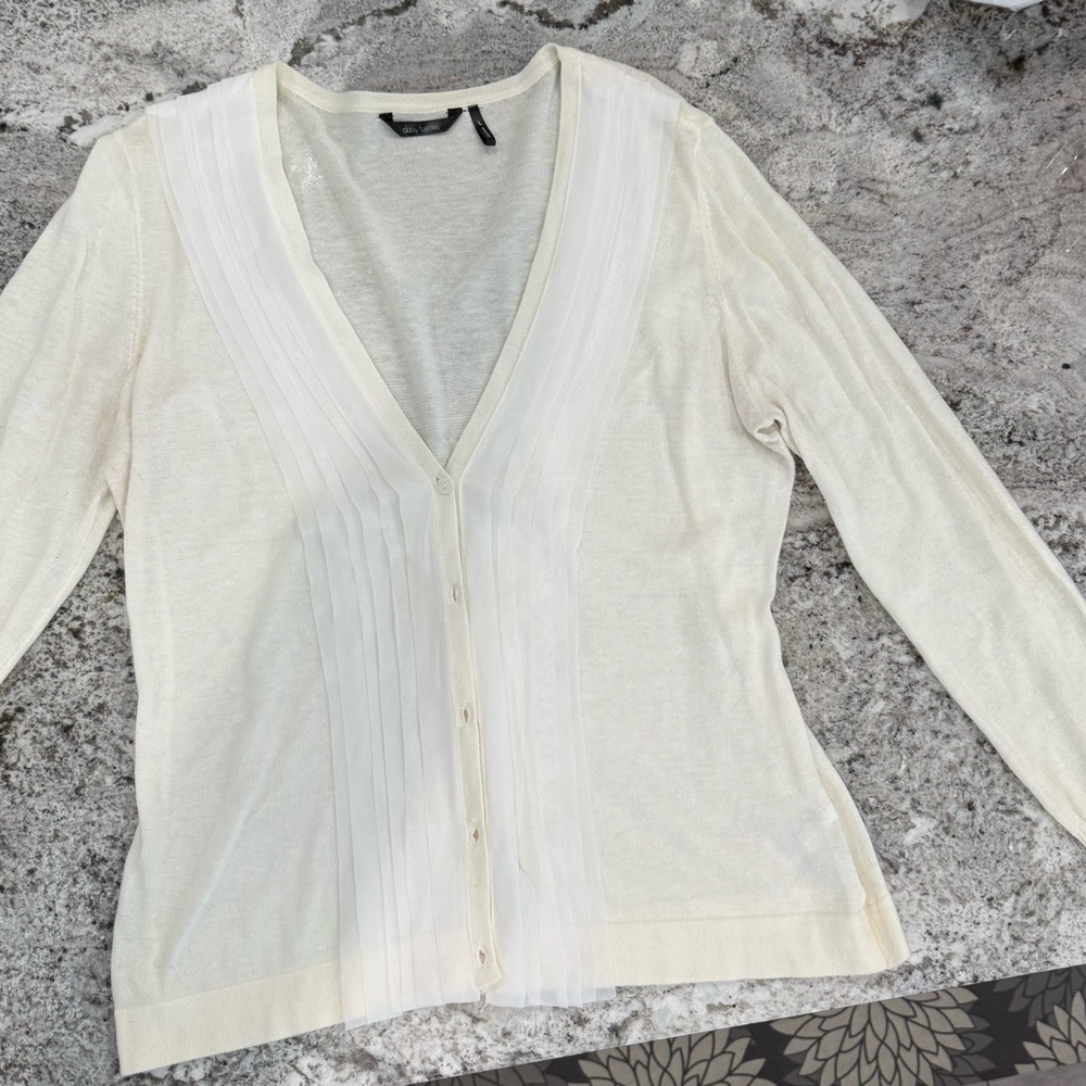 Cream V-Neck Cardigan with White Sheer Striping.